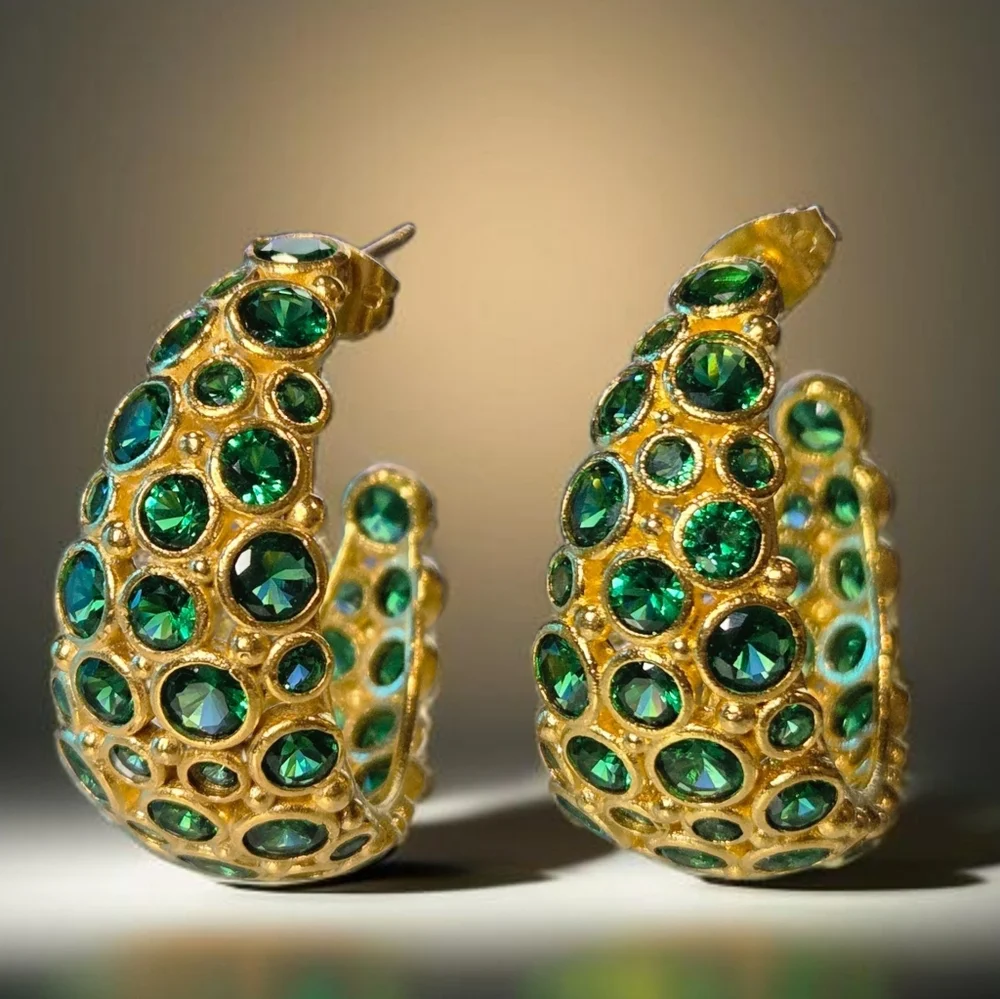 18k Gold Plated Artisan Emerald Glass Cabochon Hoop Earrings